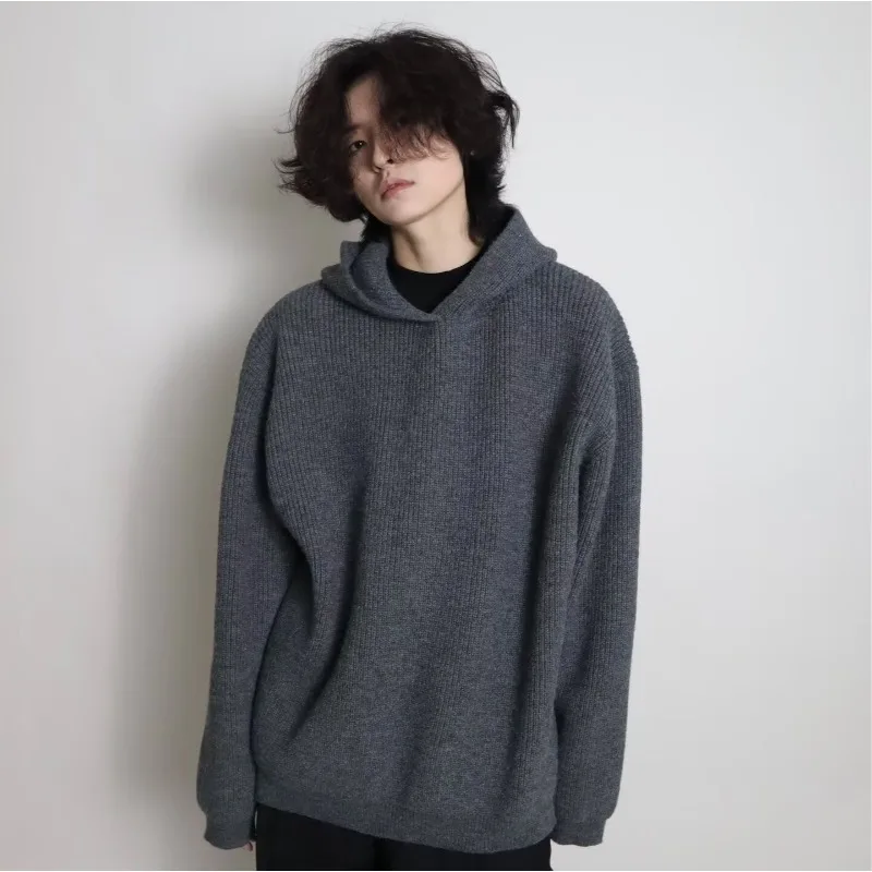 2026 Autumn Winter Simple Solid Color Knitted Men's Hoodie Tops Korean Fashion Casual Loose Hooded Sweatshirt Coats Streetwear