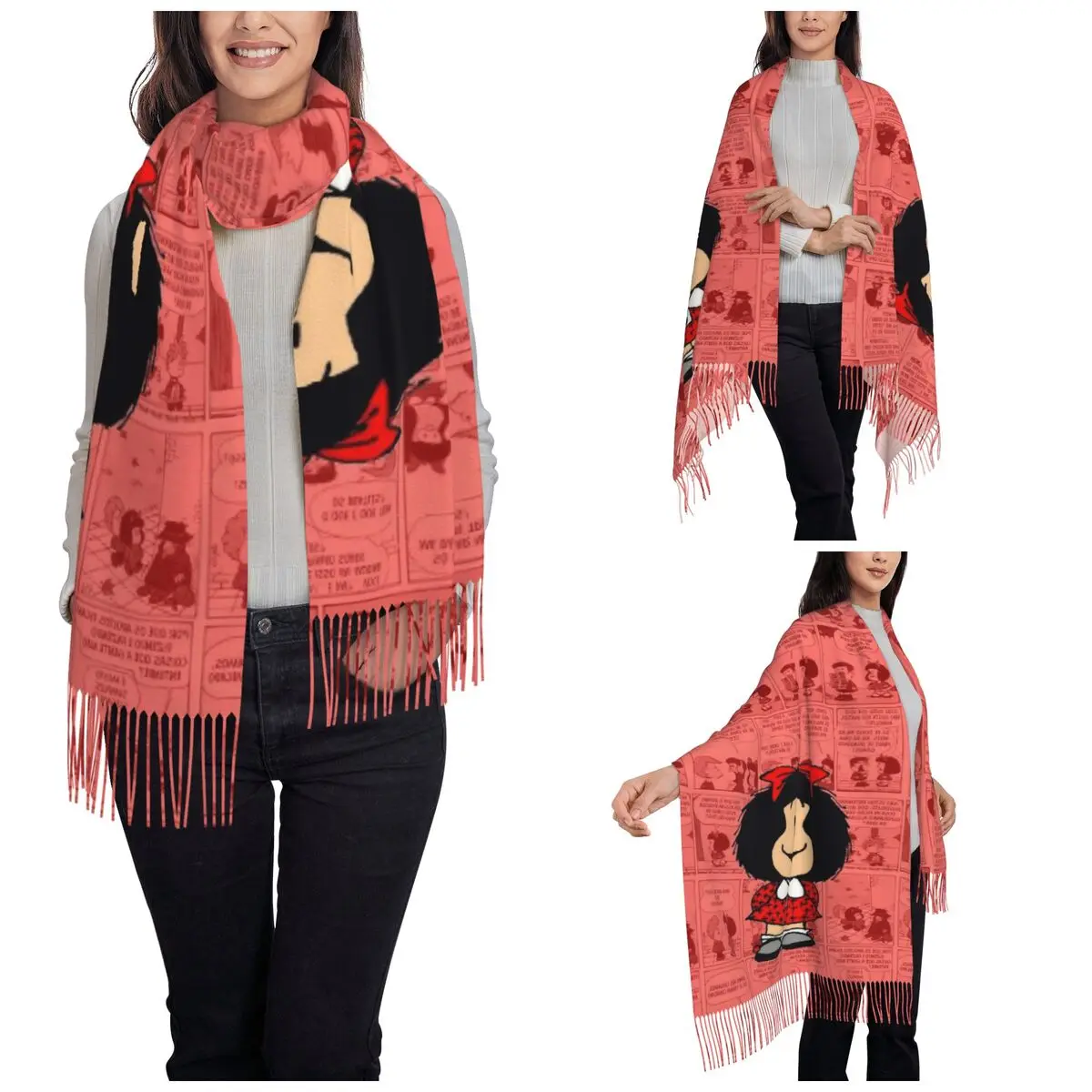 Mafalda Cartoon Scarf for Women Winter Fall Pashmina Shawls and Wrap Anime Large Shawl Scarf for Daily Wear