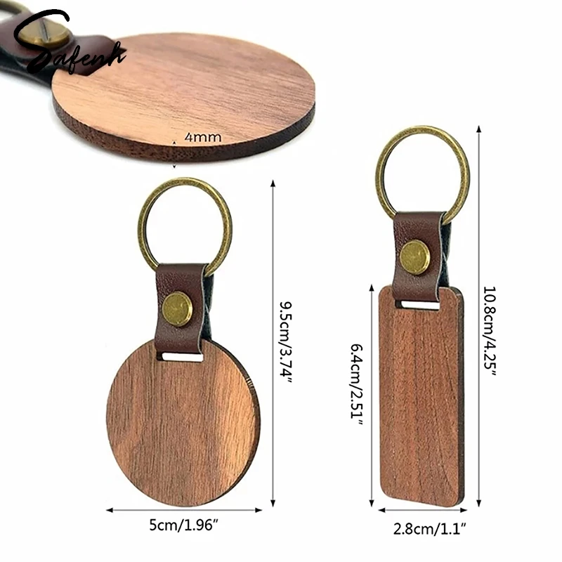 

10 Pcs Engraved Wood Keyring Personalised Round/Rectangle Keychain Pendant Wooden Pu Leather Key Chain Jewelry For Friend