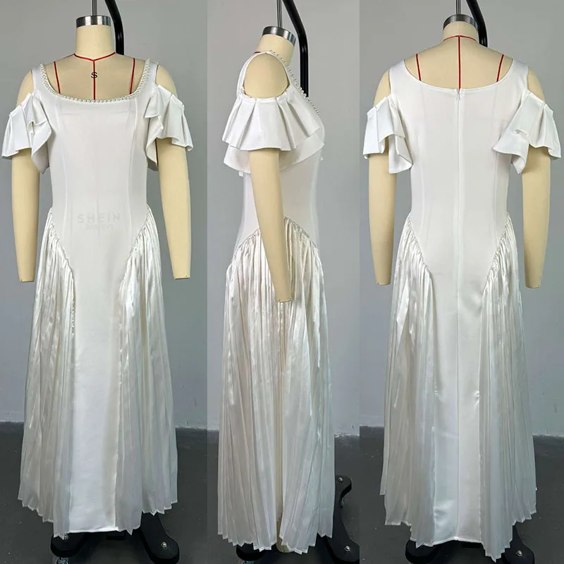 Elegancka Biała Sukienka Maxi w Stylu Patchwork z Marszczeniami, Rozkloszowana, Damska Sukienka na Bal, Imprezę Klubową, Krótkie Falbanki na Rękawach, Perły i Diamenty, Długa Sukienka Vestido