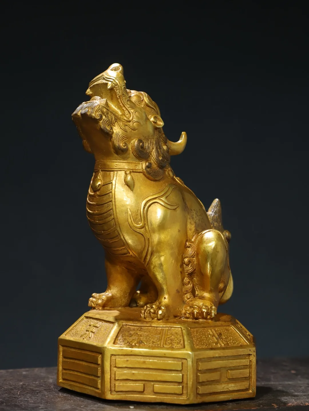 Old Xizang Folk Collection Old Bronze Gilded Cinnabar Unicorn Pixiu Statue Eight Diagrams Base Amass wealth Town house Exorcism