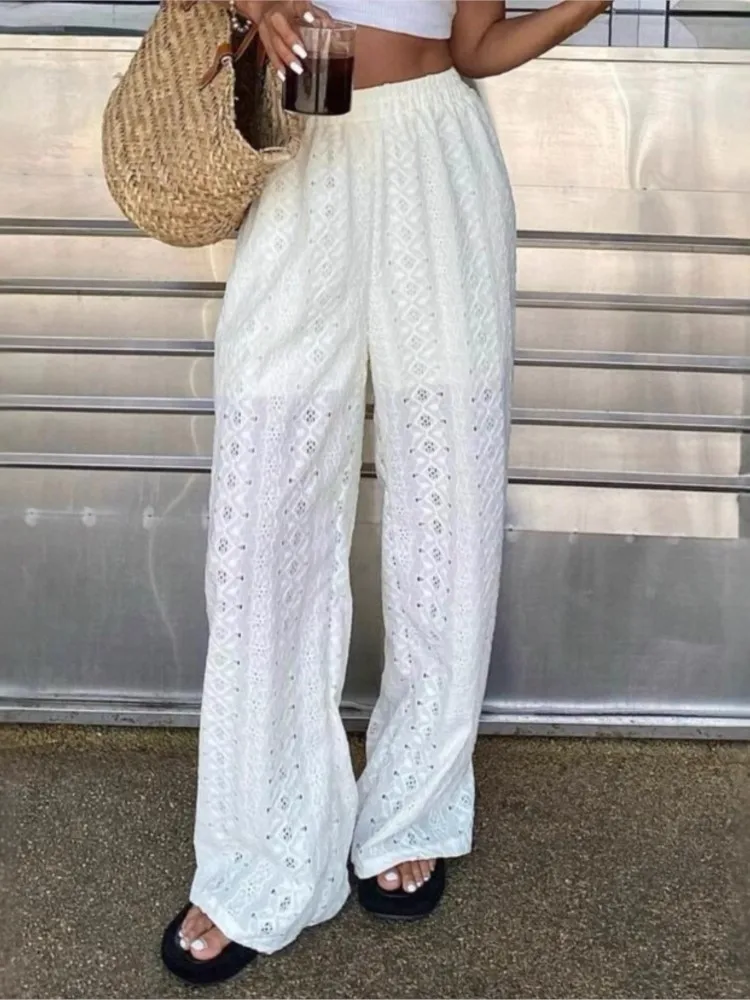 Women's Solid Hollow Embroidery Elastic High Waist Wide Leg Pants Summer Loose Office Lady Casual Straight Trousers With Liner