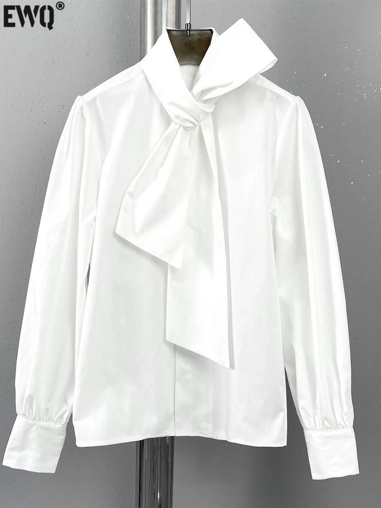 [EWQ] Bandage Collar Versatile Temperament Shirt Women Long Sleeve White Office Lady Blusas 2024 Autumn Winter New Top 16U5288