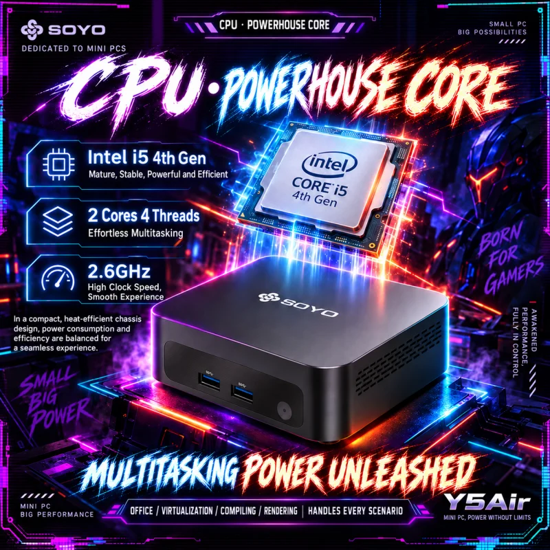 SOYO Mini PC Y5 Air Intel i5 4260U CPU with 8GB RAM 128GB M.2 SSD Mini Desktop Computer Dual 4K Display, WiFi 5, BT4.2, USB-C