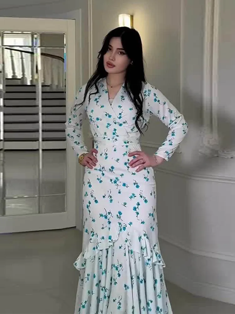 

Long Sleeve V-neck Slim Dresses Street Vacation 2025 Autumn Party RobeFloral Elegant Ruffles Pleated Long Dress Women Belts