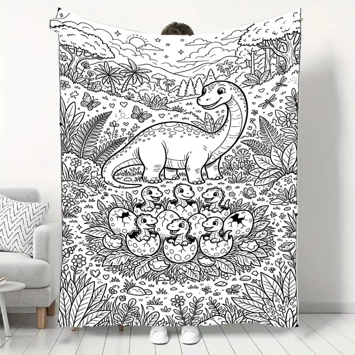 Flannel Dinosaur-Themed Blanket, American Hand-Drawn Line Art Style, Featuring Adorable Adult Brontosaurus And Hatching Dinosaur