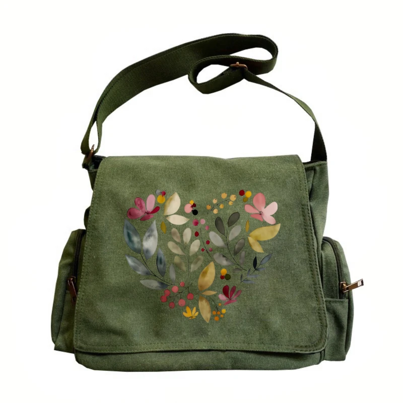 

Casual Womens Shoulder Bag Canvas Floral Heart Print Large Capacity Daily Travel Crossbody Messenger Bag