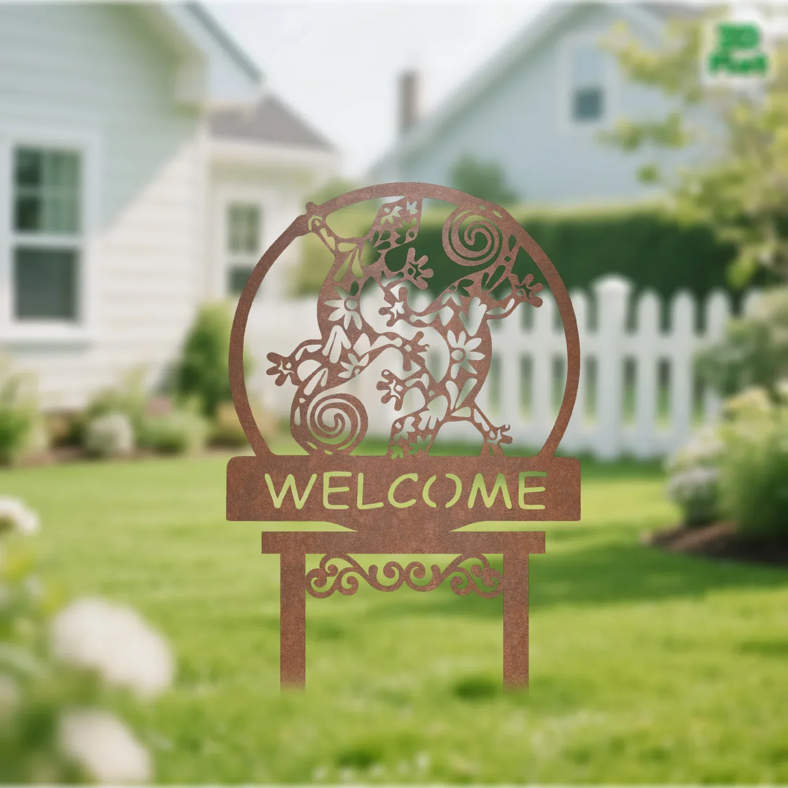 [2D Flat] Vintage Rust Gecko WELCOME Metal Garden Stake Ground Spike Farm Lawn Patio Metal Ornaments Yard Outdoor Decor