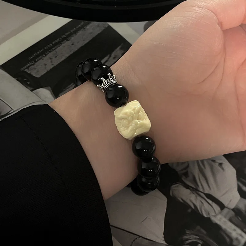 White Resin Lion Awakening Bracelet Black Bead Lucky Auspicious Obsidian Valentine's Day Gift for Men and Women