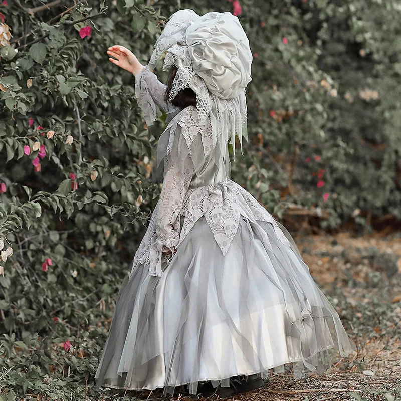 Nieuwe Halloween Cosplay Kostuum Kleine Schedel Bruid Lolita Kant Chiffon Vintage Jurk Schattige Kinderen Stage Kostuum