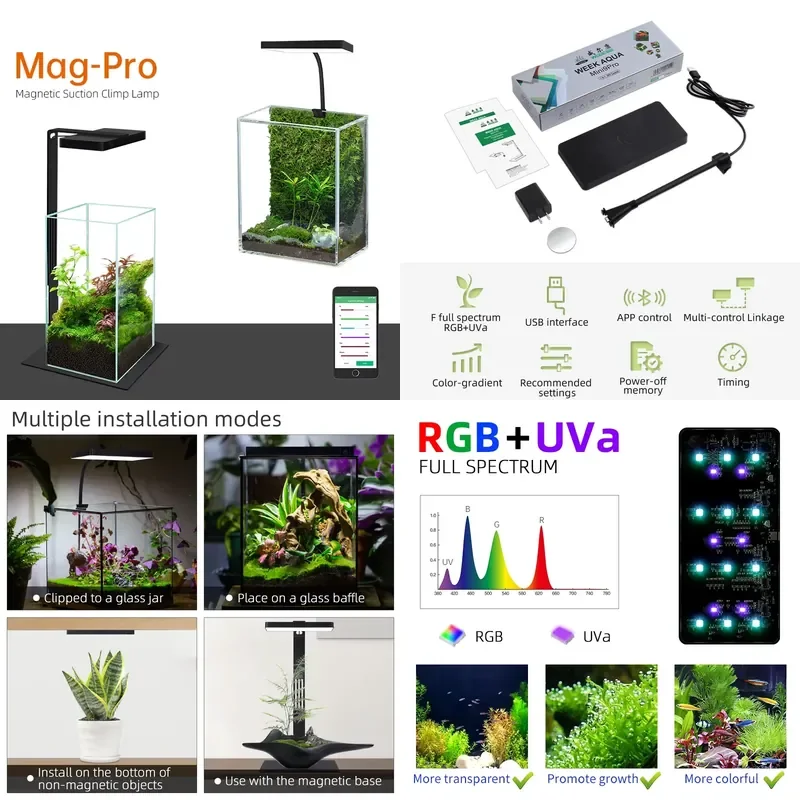 New Mag Pro Small Clip on Light Bendable Support RGB UVa Full Spectrum LED Aquarium Light for Nano Plant Glass