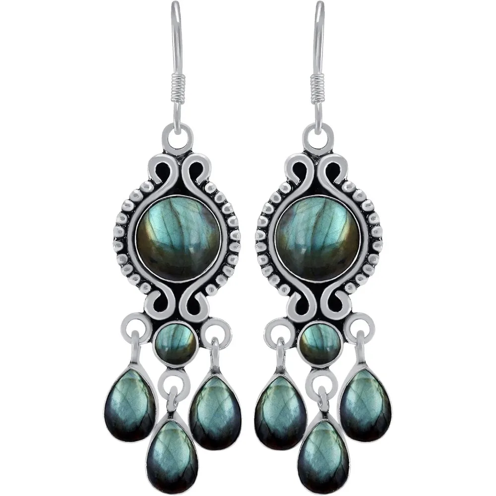 

Handmade Silver Dangle Earrings with Natural Gemstones Round and Pear Shape Boho Vintage Style Gift for Wedding Christmas