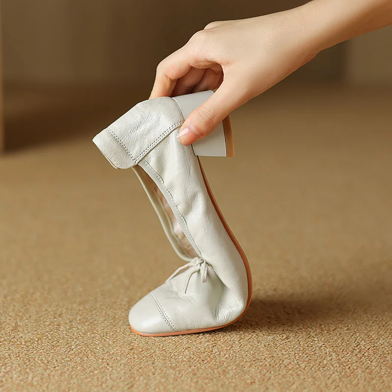 

2026 New Super Soft Sheepskin Women Square Toe Shallow Mouth Bow Ballet Shoes Casual Block Heel Daily Commute Dress Footwear