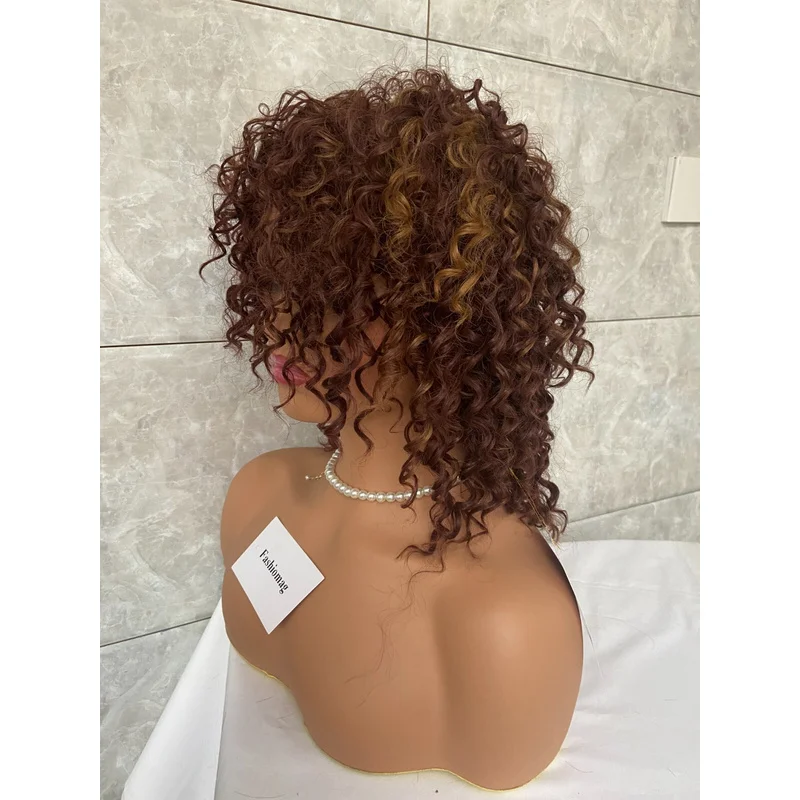 Afro Kinky CurlyAuburn Mix Brown Synthetic Hair Wig Women Soft Natural Daily Use