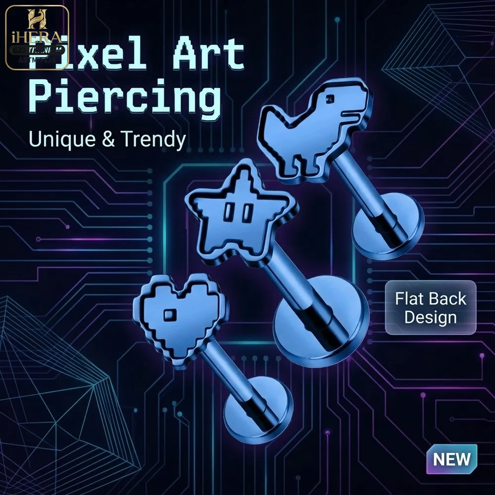 30V Titanium Piercing Pixelated Heart Star Dinosaur Paw Lip Stud Dark Blue Anodized Helix Cartilage Flatback Earring Wholesale