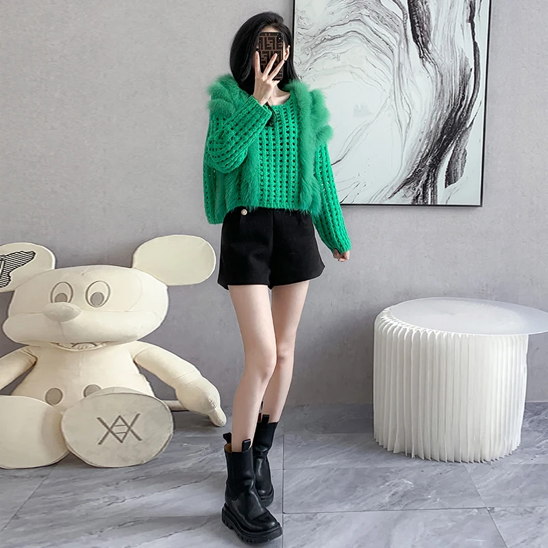 Knitted woolen sweater woman 2022 new autumn winter short gentle chic fox hair hollow out design net red sweater coat