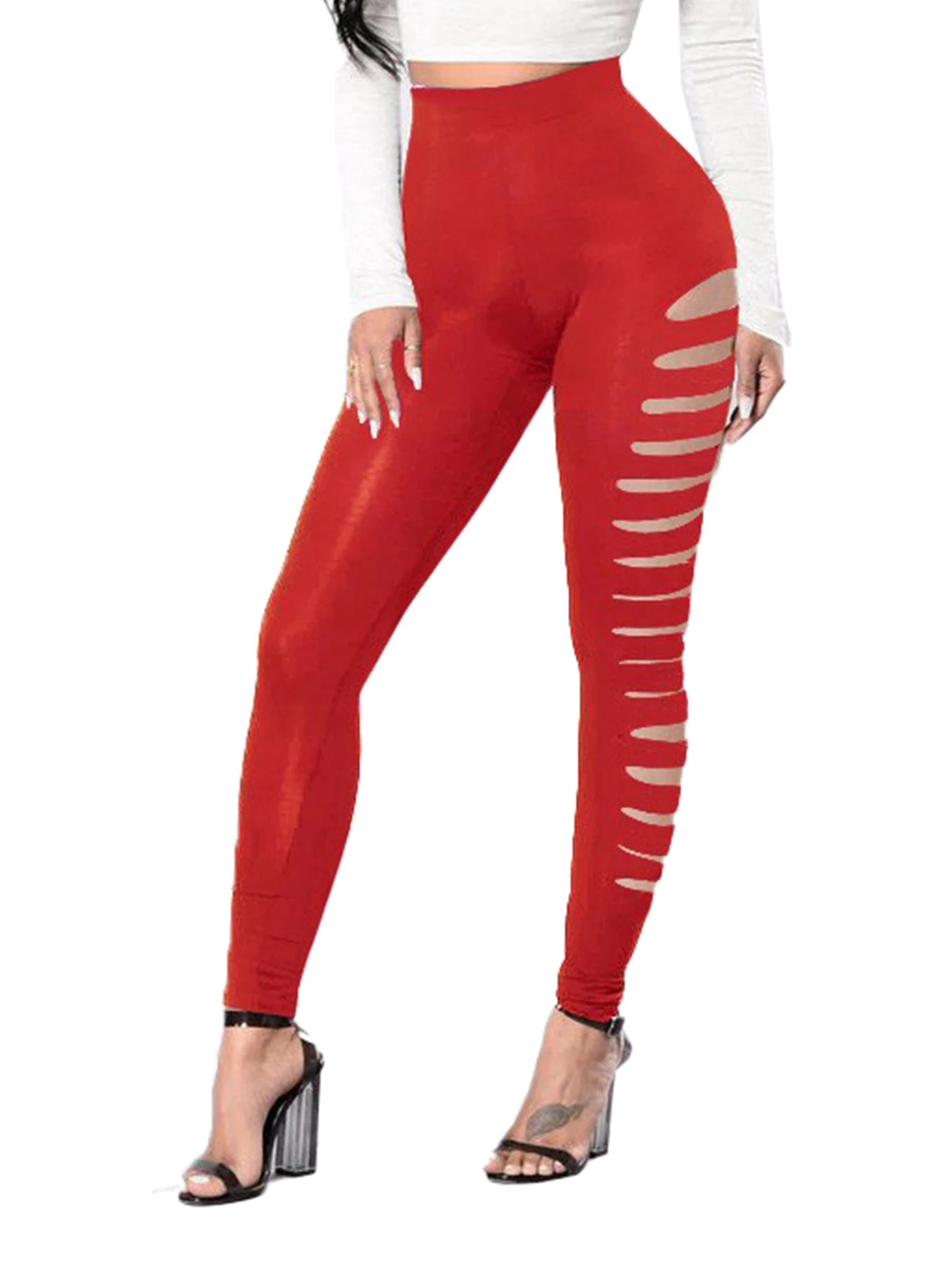 New Spring And Autumn Female Fashion Red Side Hole Nine-minute Pants Tight Leggings Ladies Elastic Side Hole Small Foot Pants