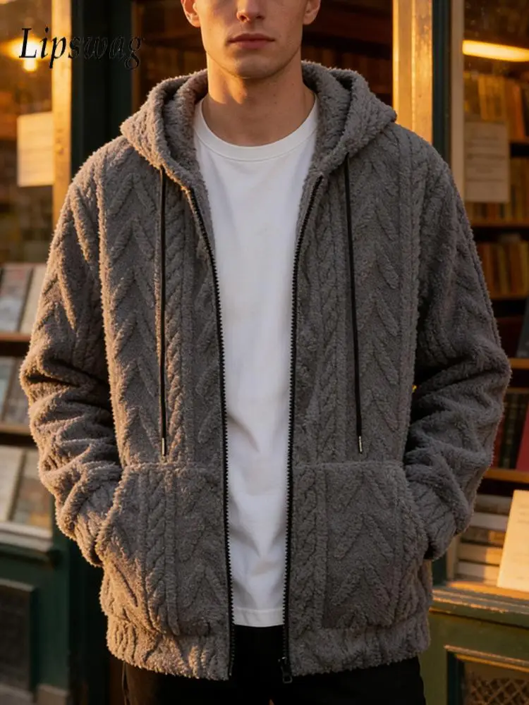 Stylish Mens Furry Fleece Hooded Jacket Coat Streetwear Men Vintage Drawstring Zip-up Cozy Hoodie 2026 Spring Fashion Outerwear
