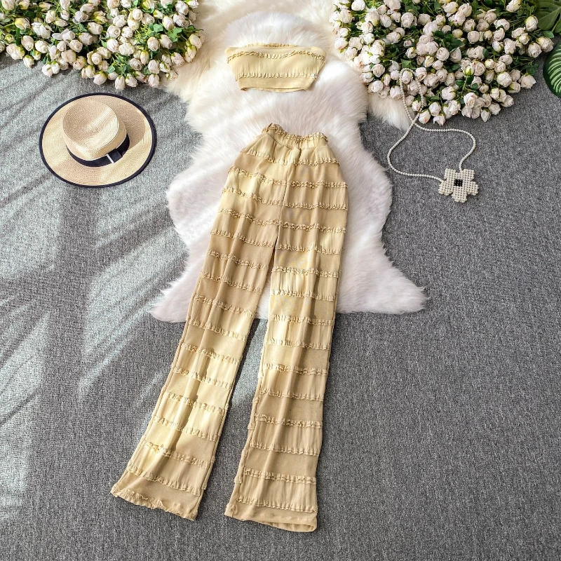 Lace and fungus edge sexy short style with chest cushion strapless vest+high waist wide leg pants women's summer casual set