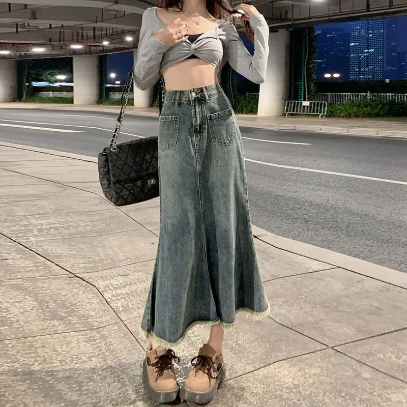 Women's Retro Blue Denim Skirt High Waisted Thin A Line Skirt Long Jeans Female New Korean Version