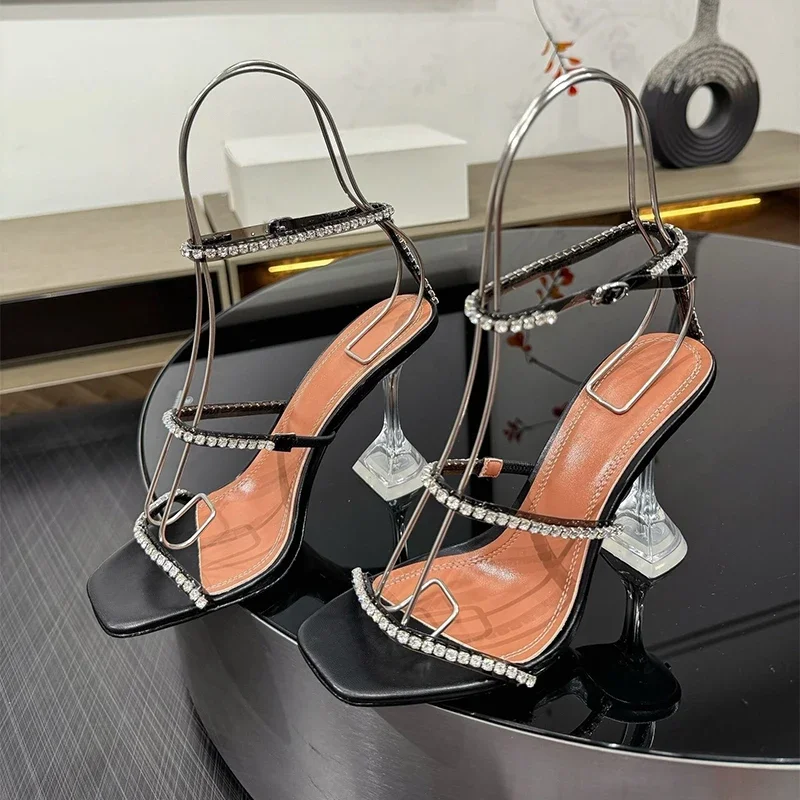 Прозрачные сандалии из ПВХ с квадратным носком и чашкой на каблуке с ремешком на щиколотке, женские сандалии на высоком каблуке с кристаллами, летние модные вечерние туфли-лодочки для банкета