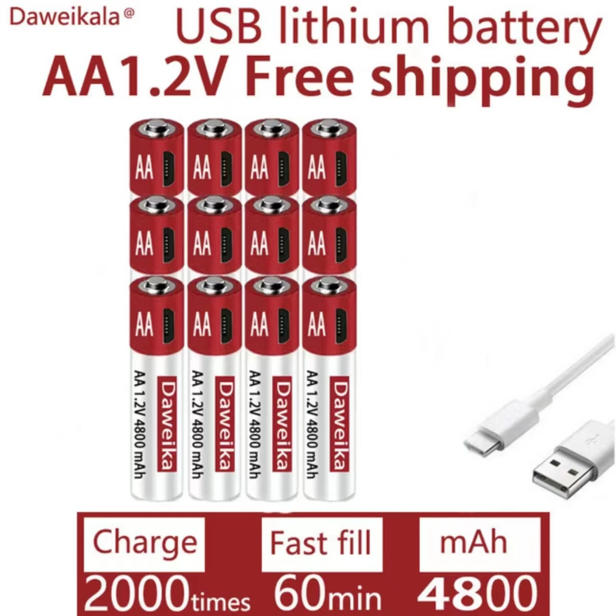 AA rechargeable lithium battery, 1.2V USB rechargeable AA battery, AA, 4800mAh, toy mouse remote control, free delivery CE  FCC