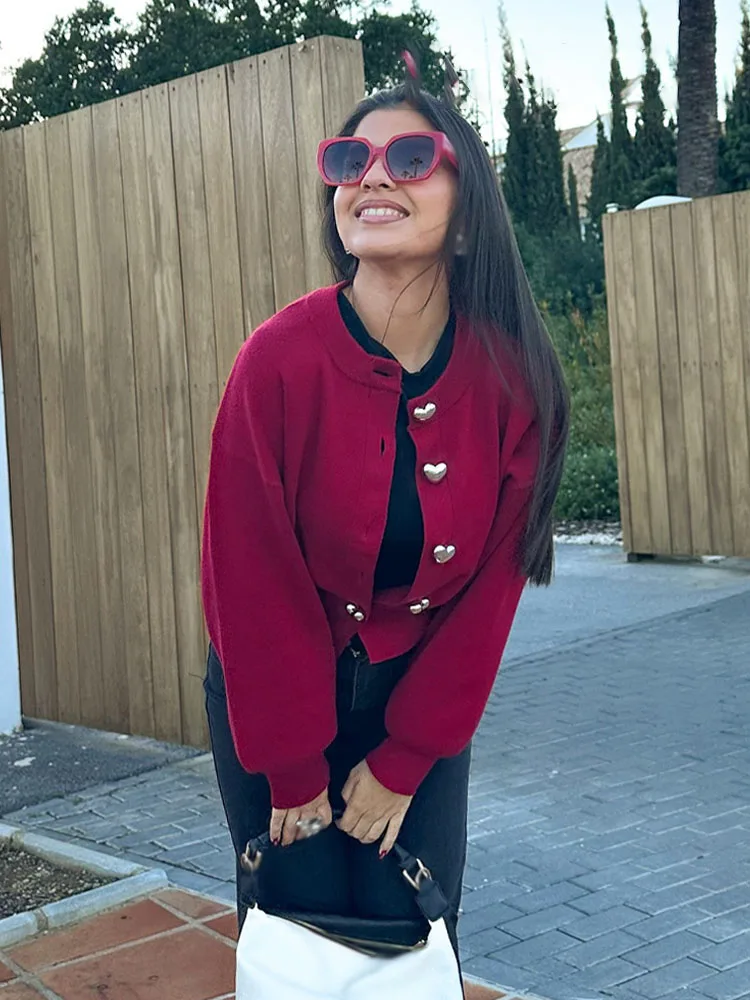 HH Women Fashion Solid Tops Heart-shaped Buttons Cardigans Female Spring Casual Long Sleeve O-Neck Knitting Sweaters Coats