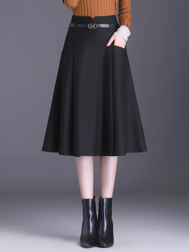 Fall Winter Twill Knit Pockets A-Line Womens Office Lady Black Brown High Waist S-3XL Female Mid Long Pleated Skirt Gift Belt