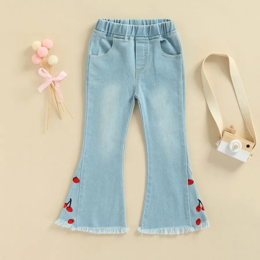 

New 2024 Spring Autumn Girls Casual Jeans Bell Bottom Trousers Kids Fashion Cherry Embroidery Stretch Denim Flare Pants Clothing