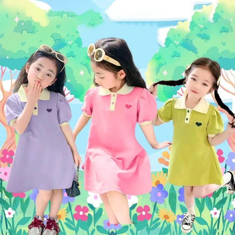 Vestido de Verano 2026 para Niñas, Vestido Tipo Polo con Estampado de Corazones y Mangas Cortas, Ropa Infantil, Vestido de Princesa de 1 a 10 Años