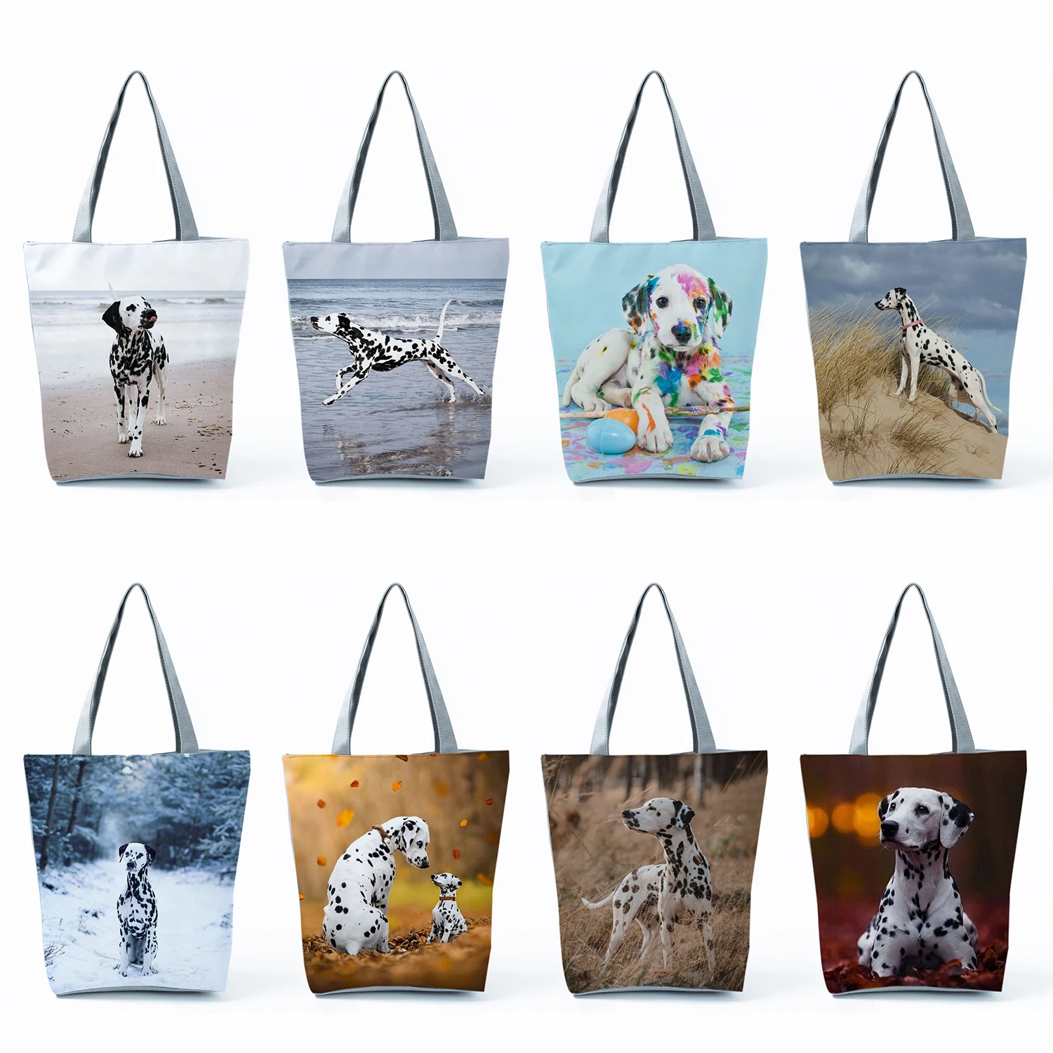 

Black White Dog Print Women Handbags Dalmatian Pattern Shoulder Bag Travel Beach Tote Portable Eco Reusable Shopping Bags Custom