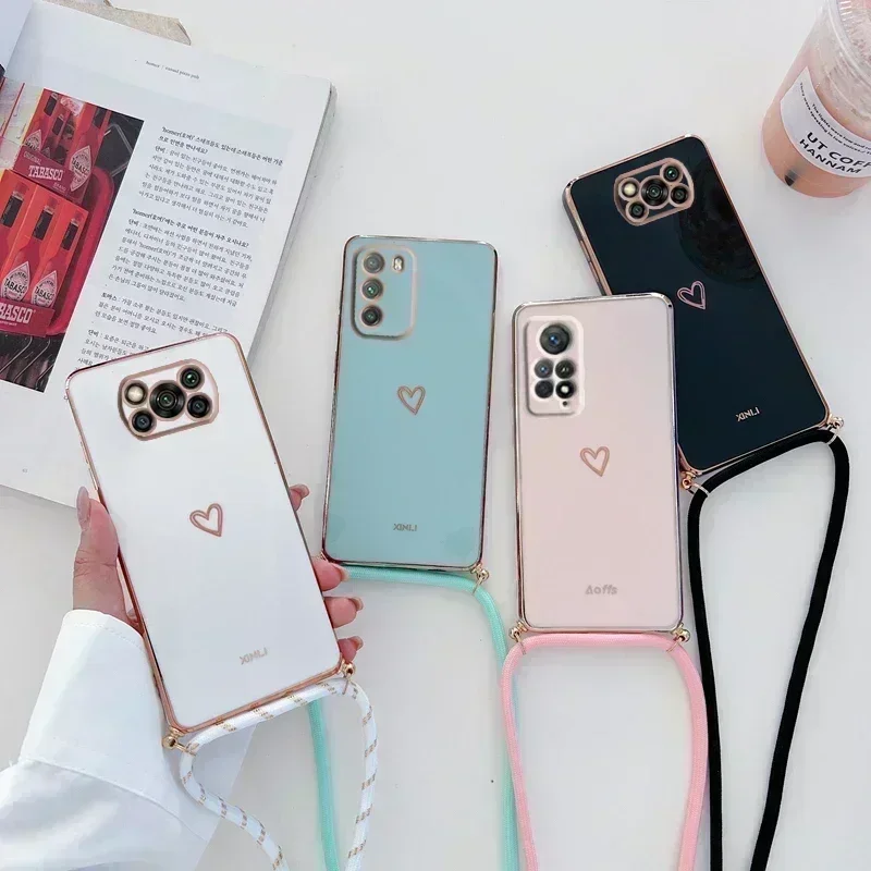 Poco X4 Pro Love Heart Crossbody Lanyard Strap Phone Case On For Xiaomi Mi Poco X3 Nfc Pro X5 M4 Pro 4G 5G M3 F3 C40 M5 Cover