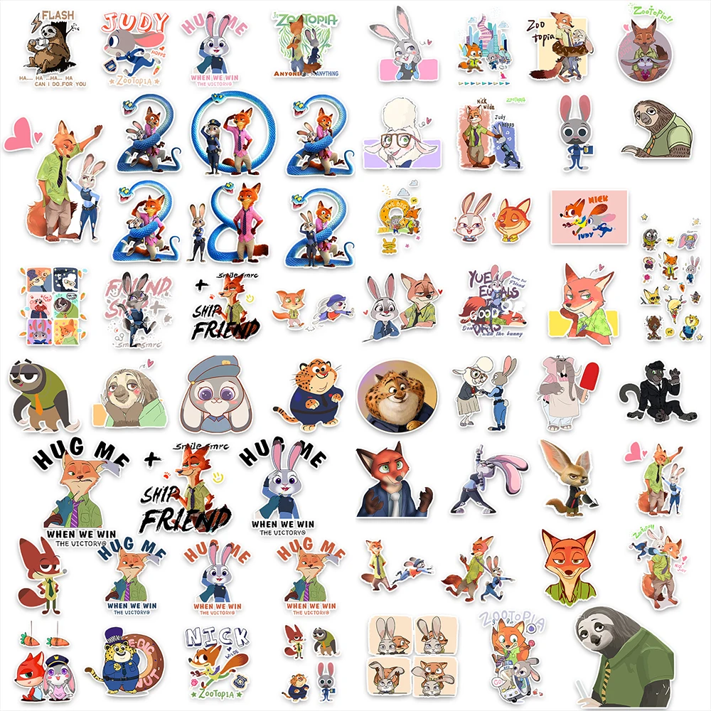 60 قطعة ملصقات فيلم الرسوم المتحركة Zootopia البلاستيكية جودي هوبس نيك وايلد مضحك لطيف خربش DIY بها بنفسك سجل القصاصات الغيتار الهاتف لاصقة تزيين