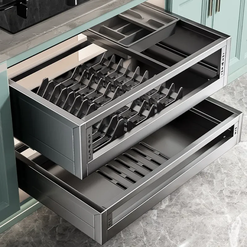 For 304 Stainless Steel Pull Out Kitchen Cabinet Basket Double Layer Drawer Type Dish Storage Rack Bowl Organizer for