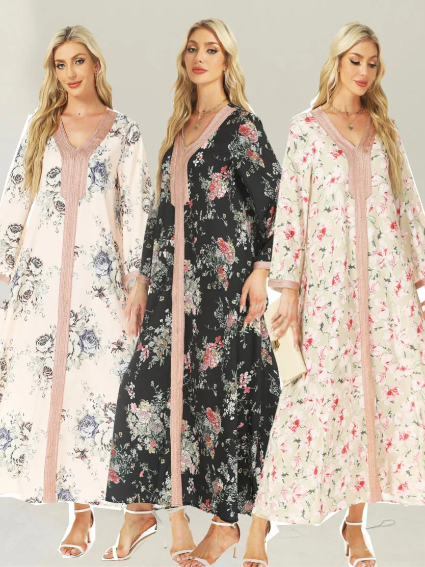 Eid bloemenprint moslim abaya jurk met sjaal voor dames, diamant, Dubai, Arabisch, Marokkaanse, Kaftan jurk, gewaad, kaftan