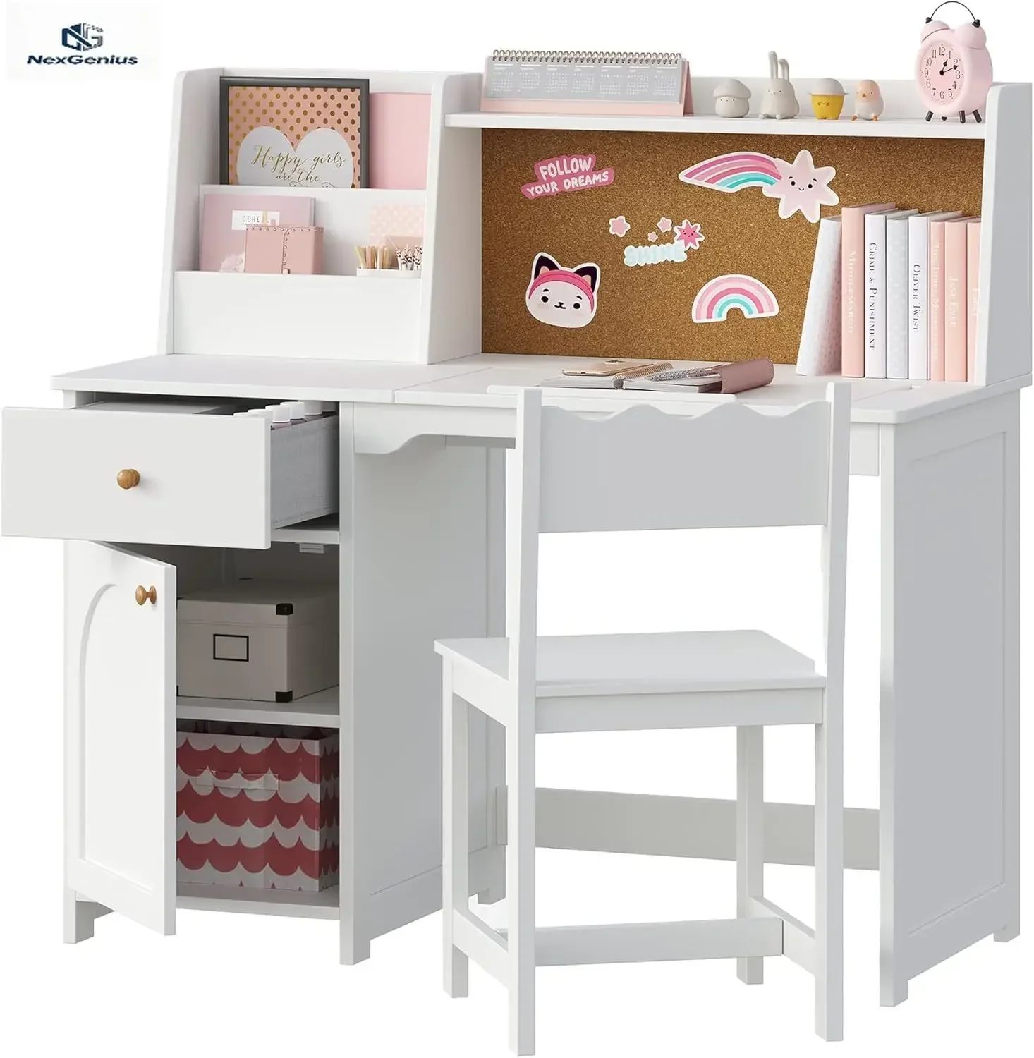 Kids Study Desk and Chair Set, Kids Desks with Tiltable Desktop and Hutch，Wooden Children Study Table with Fabric Drawers for 5-