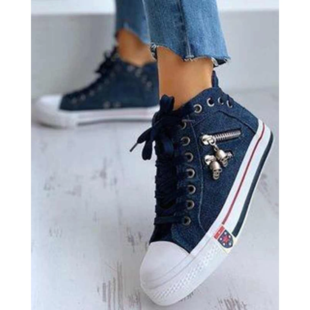 Women Denim Eyelet Lace-up Zipper Design Skull Decor Sneakers Spring Autumn Daily Casual Sports Sunning Shoes 2024 Korean Style