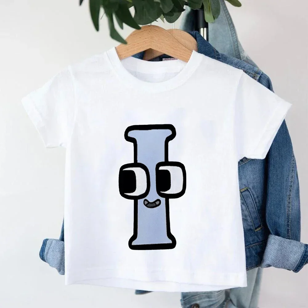 Kawaii الأبجدية لور أنيمي لعبة تي شيرت للأطفال قصيرة الأكمام a B C D E F G بنين بنات الأطفال هدية عيد ميلاد الملابس