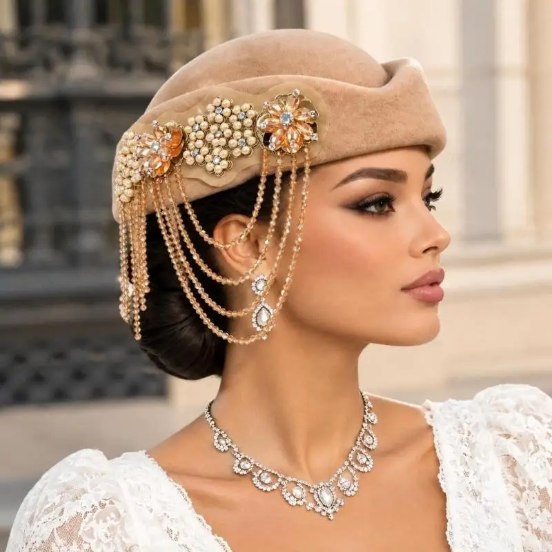 2026 New Floral Pillbox Hat with Round Brimless Profile, Folded and Beaded Tassels Decors, for Cocktail Parties, Tea Party