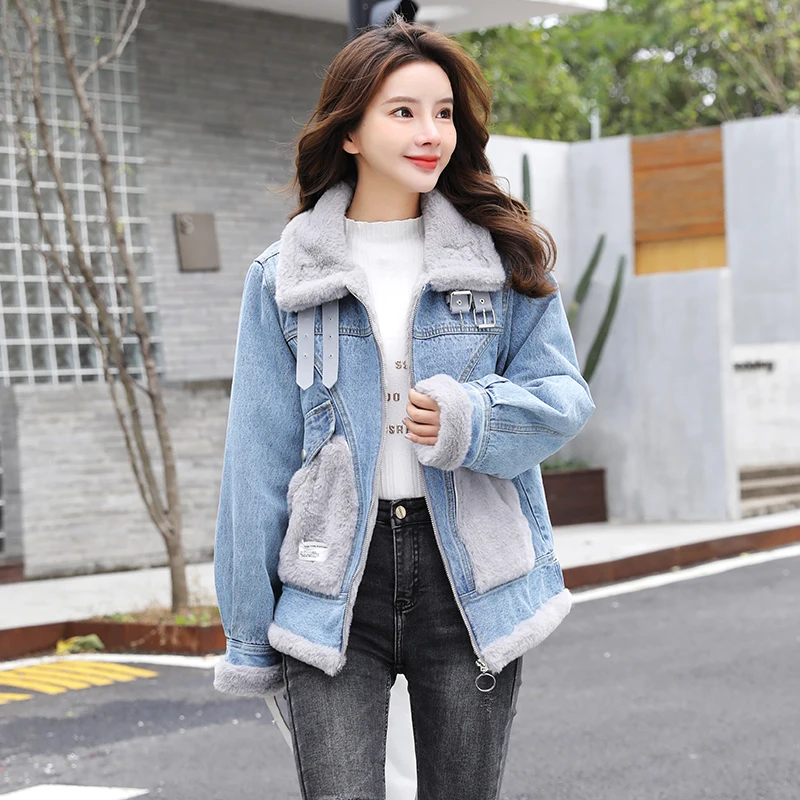 

2022 New Winter Cowboy Jacket Female Korean Lamb Wool Plus Velvet Thicke Parka Women's Fashion Loose Tooling Pie Overcome