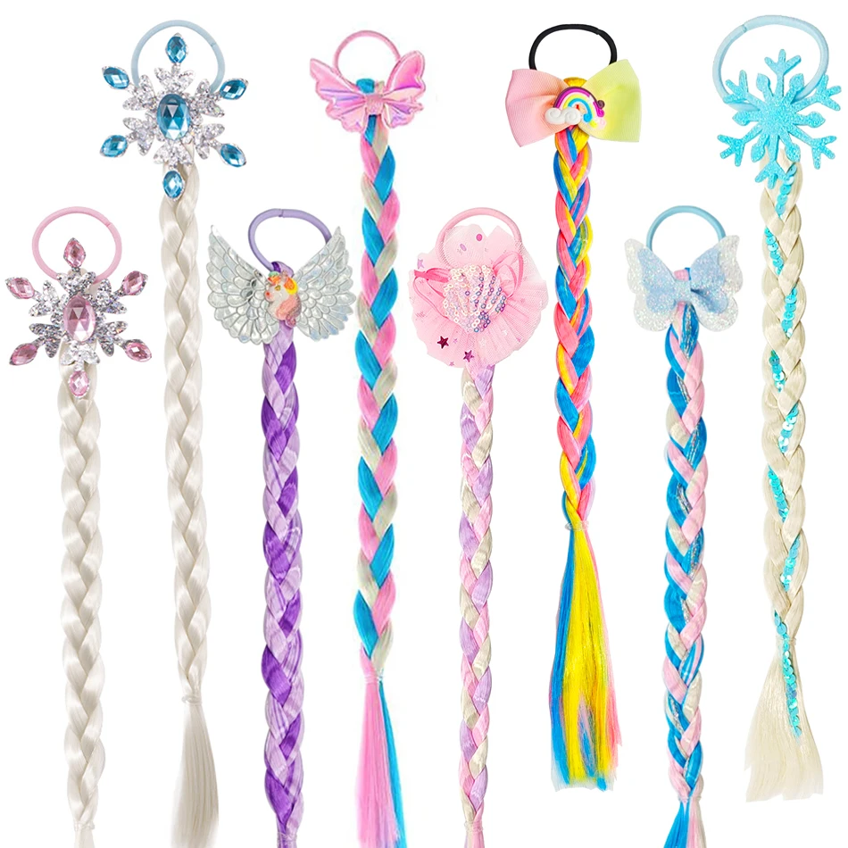 

Girl Princess Hair Loop Kids Rainbow Rope Cartoon Applique Wig Braid Snowflake Twists Braid Butterfly Headdress Shell Scrunchie