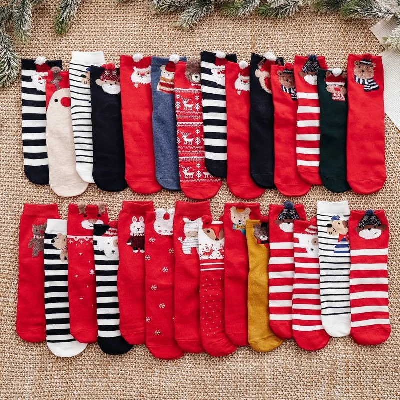 Christmas Red Socks Xmas Cartoon Santa Claus Elk Bear Socks Girls Favors Gifts Socks Merry Christmas Happy New Year 2025