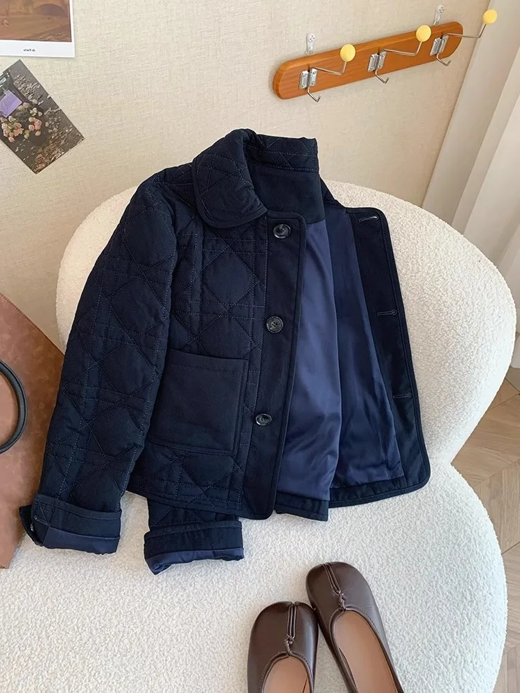 

Elegant Blue Collar Cotton Jacket Women's Loose Fit Autumn Winter Korean Style Patchwork Diamond Grid Cotton Coat