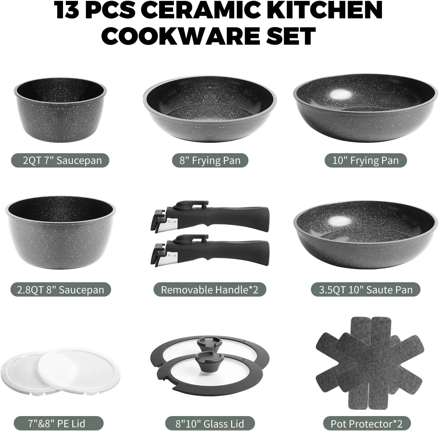 Zhang Xiao Quan Since 1628 Pots And Pans Set Non Stick, Black Pots And Pans Set, 13Pcs Aluminium Oven Safe Cookware Set,