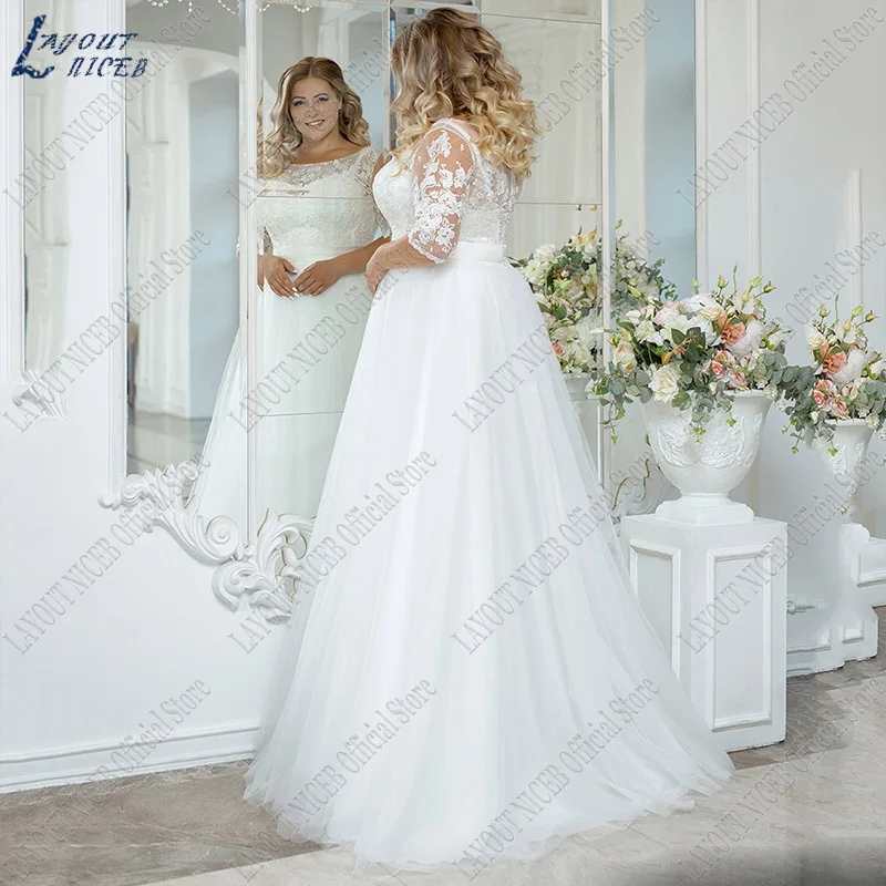 LAYOUT NICEB Vintage Beach Wedding Dress Plus Size Boho Lace Applique Three Quarter Sleeves Tulle Bride Gown A-Line Floor Length