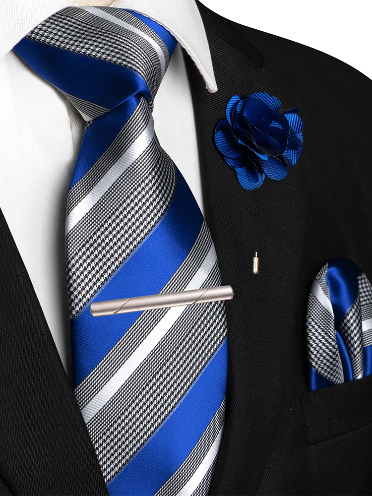 ﻿Luxury Purple Blue Striped Ties for Men 8cm Width Wedding Business Casual Necktie Pocket Square Brooch Set Men Gift Accessories