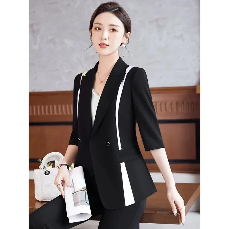 Spring Summer Women Formal Blazer Ladies Female White Pink Black Striped Three Quarter Sleeve Business Work Wear Jacket Coat