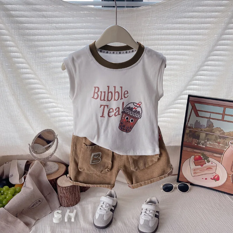 طفل رضيع الزي مجموعة 2026 ملابس الصيف الجديدة للأطفال من 9 إلى 12 شهرا رسالة قصيرة الأكمام تي شيرت والسراويل رداء غير رسمية