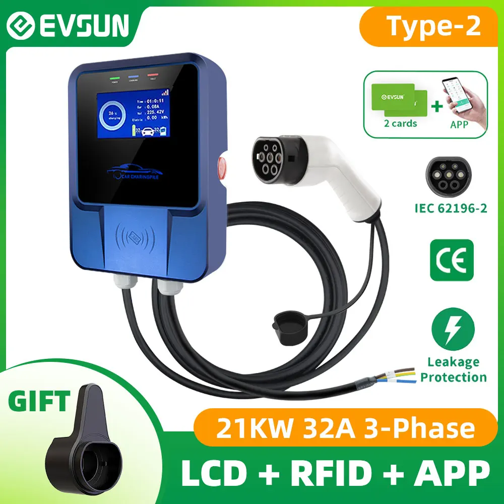 EVSUN Estação de carregamento de veículos elétricos carregador de carro EV tipo 2 cartão APP 32A 3 fases EVSE Wallbox com cabo IEC 62196-2 21KW