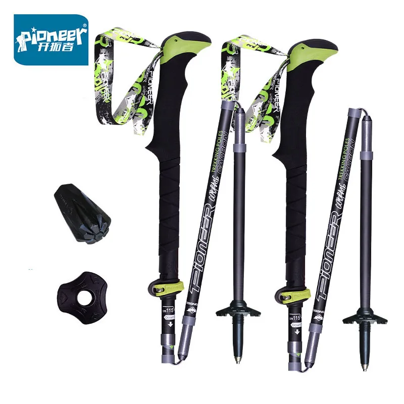 2pcs PIONEER Carbon Fiber Folding Walking Stick 5 sections Adjustable Alpenstocks Outdoor Hiking Mountain-climbing